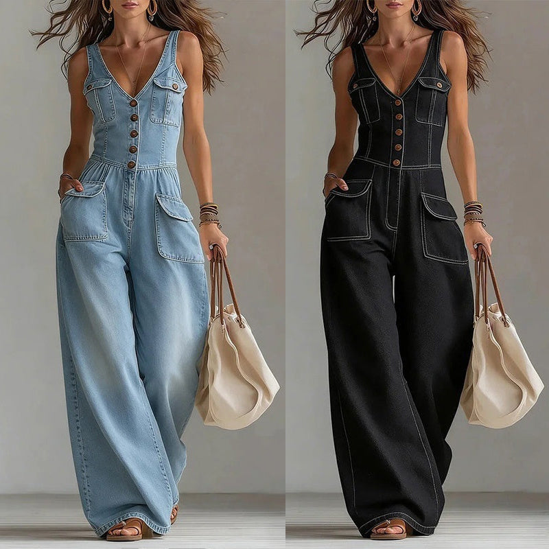 👖 LIMITED-TIME 59% OFF! 💥 Women's Denim Jumpsuit – Button-Front, Wide-Leg✨