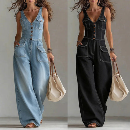 👖 LIMITED-TIME 59% OFF! 💥 Women's Denim Jumpsuit – Button-Front, Wide-Leg✨