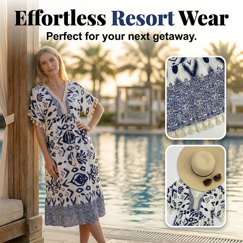 😍⏳Summer Hot Sale 49% Off🌼Printed Casual Dress With V-Neckline and Fringes on the Short Sleeves