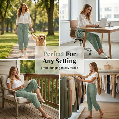 Women's Solid-Color Pleated Cotton-Linen Cropped Pants