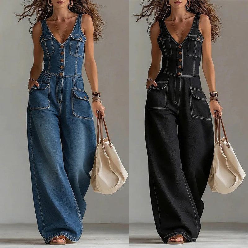 👖 LIMITED-TIME 59% OFF! 💥 Women's Denim Jumpsuit – Button-Front, Wide-Leg✨