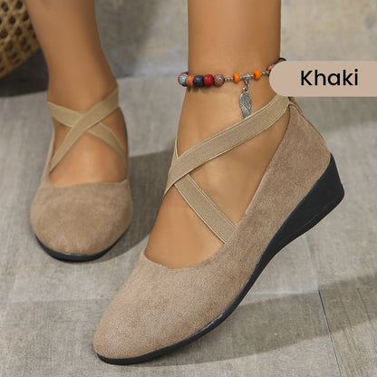 🔥Hot Sale🔥Elegant Solid Color Elastic Strap Low Wedge Shoes