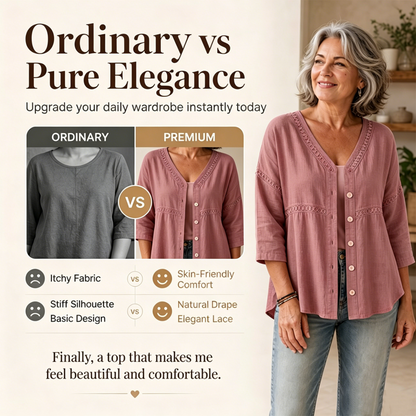 Women's V-Neck Lace Trim Button-Down Blouse
