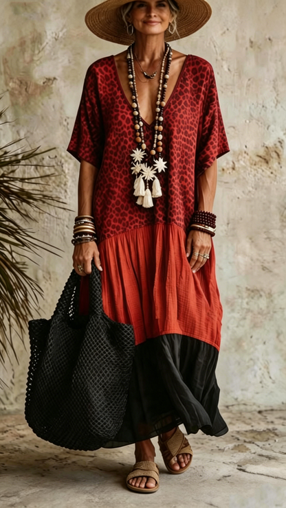 Women's Elegant Bohemian Maxi Dress | Modest V-Neck Tiered Skirt Lightweight Holiday Tunic for Mature Ladies