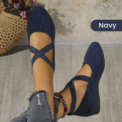 🔥Hot Sale🔥Elegant Solid Color Elastic Strap Low Wedge Shoes
