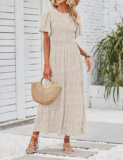 ⏰Hot Sale 49% Off👗Women's Casual Floral Print Short Flutter Sleeve Smocked High Waist Flowy Maxi Dress