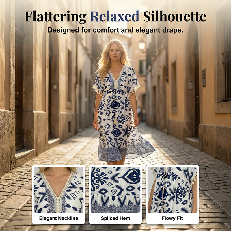 😍⏳Summer Hot Sale 49% Off🌼Printed Casual Dress With V-Neckline and Fringes on the Short Sleeves