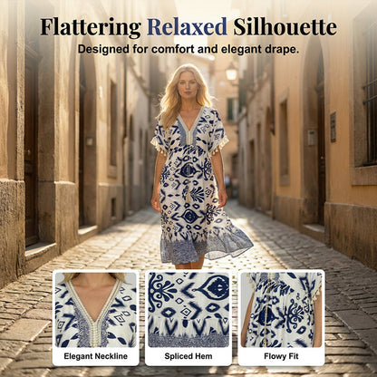 😍⏳Summer Hot Sale 49% Off🌼Printed Casual Dress With V-Neckline and Fringes on the Short Sleeves