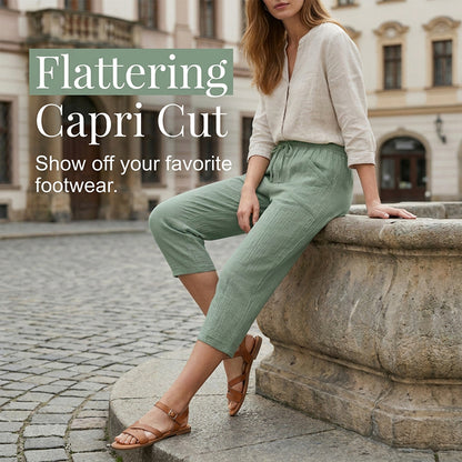 Women's Solid-Color Pleated Cotton-Linen Cropped Pants