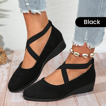 🔥Hot Sale🔥Elegant Solid Color Elastic Strap Low Wedge Shoes