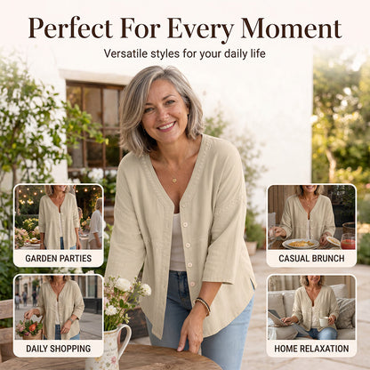 Women's V-Neck Lace Trim Button-Down Blouse