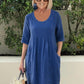 Solid Color Cotton Linen Pockets Tunic Midi Dress