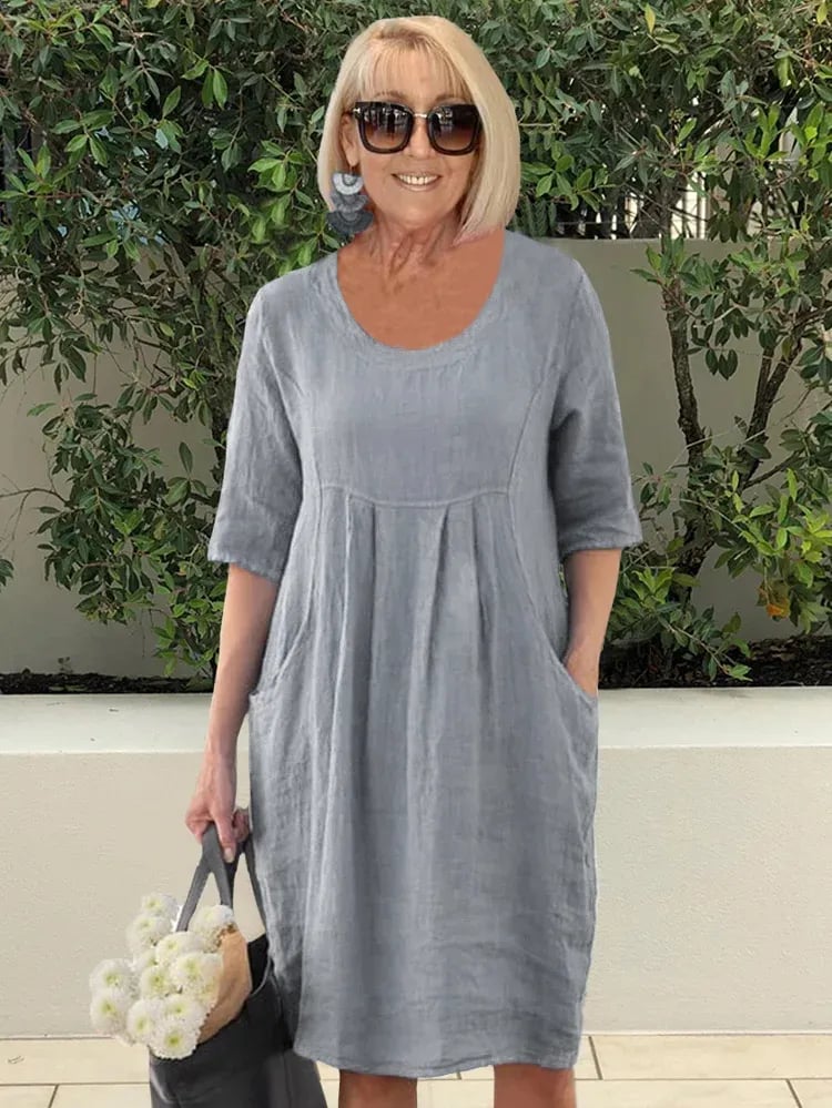 Solid Color Cotton Linen Pockets Tunic Midi Dress