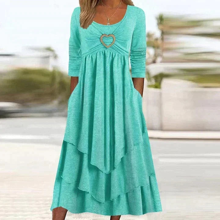 Bestseller🏆👗 Tiered Midi Dress with Heart Accent – Flattering A-Line & Breezy Fabric for Travel or Gatherings