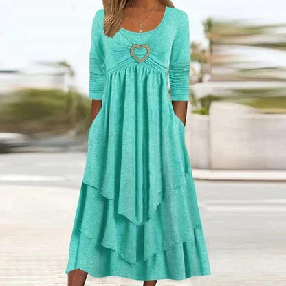 Bestseller🏆👗 Tiered Midi Dress with Heart Accent – Flattering A-Line & Breezy Fabric for Travel or Gatherings