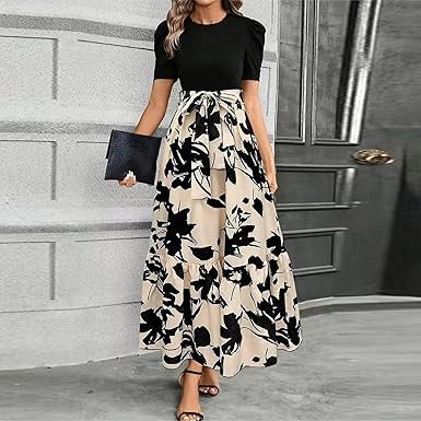 🌸Spring Specials 49% OFF🌸Women's Summer  High Waist  Dress Short Sleeve Crew Neck Floral