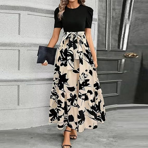🌸Spring Specials 49% OFF🌸Women's Summer  High Waist  Dress Short Sleeve Crew Neck Floral