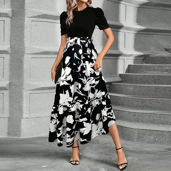 🌸Spring Specials 49% OFF🌸Women's Summer  High Waist  Dress Short Sleeve Crew Neck Floral