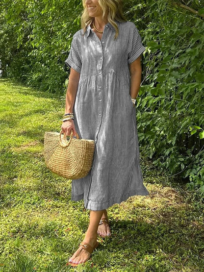 🎁New arrival 50% OFF💥Striped Lapel Button Down Shirt Dress | With Functional Pockets