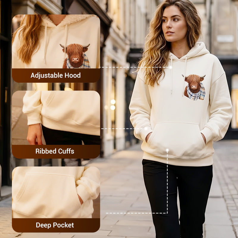 🐮 50% OFF!!🎁Cute Highland Cow Print Fleece Lined Hooded Sweatshirt 🧥 Warm Cozy Winter Hoodie