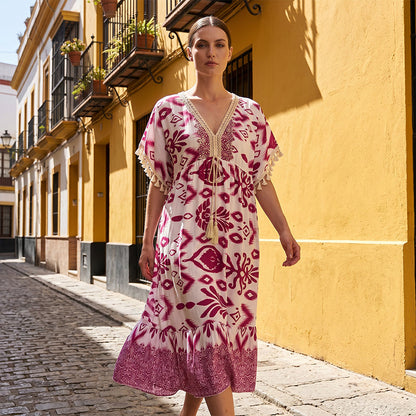 😍⏳Summer Hot Sale 49% Off🌼Printed Casual Dress With V-Neckline and Fringes on the Short Sleeves