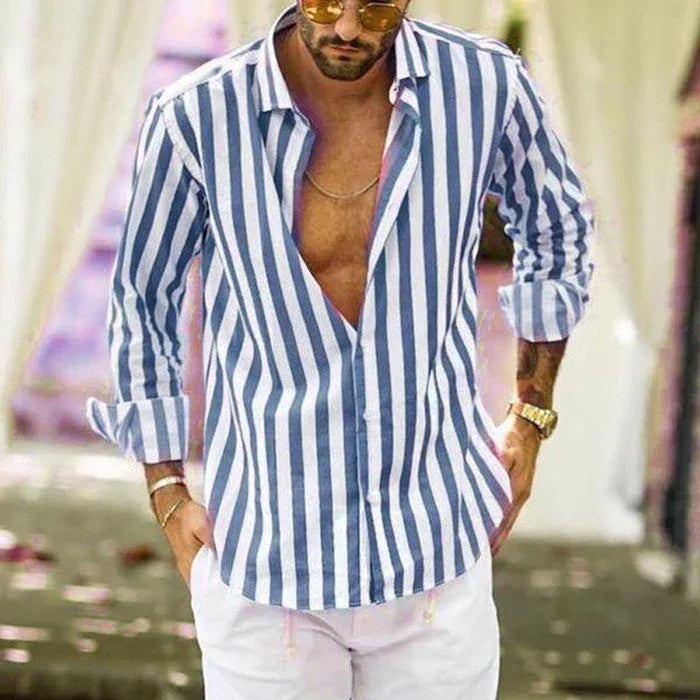 (50%OFF) The Best Gift For Husbands And Fathers-Men's Cotton Linen Striped Button Down Long Sleeve