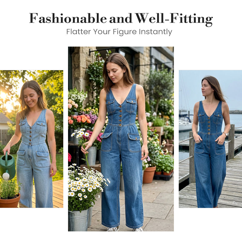 👖 LIMITED-TIME 59% OFF! 💥 Women's Denim Jumpsuit – Button-Front, Wide-Leg✨