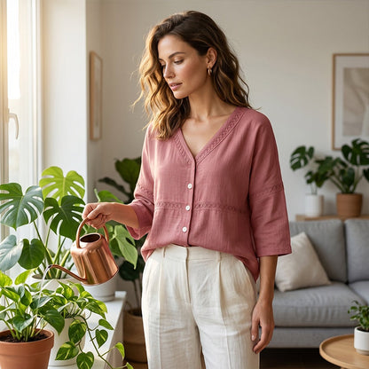 Women's V-Neck Lace Trim Button-Down Blouse