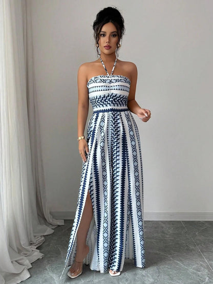 👗 Geometric Jumpsuit with Halter Neckline & Side Slit – Unique print & elastic back