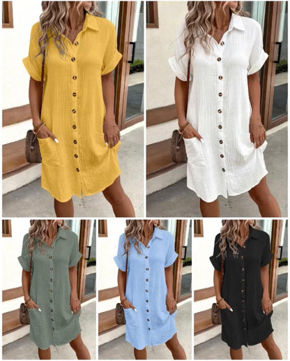 💎 60% OFF! 💎 Women's Buttoned Short Sleeve Pocket Shirt Dress – Cotton Blend, Relaxed Fit & Everyday Versatility (M–2XL) 👗🌿