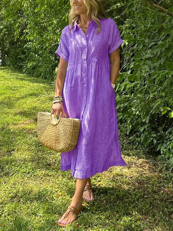 🎁New arrival 50% OFF💥Striped Lapel Button Down Shirt Dress | With Functional Pockets