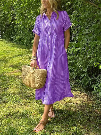 🎁New arrival 50% OFF💥Striped Lapel Button Down Shirt Dress | With Functional Pockets