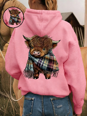 🐮 50% OFF!!🎁Cute Highland Cow Print Fleece Lined Hooded Sweatshirt 🧥 Warm Cozy Winter Hoodie