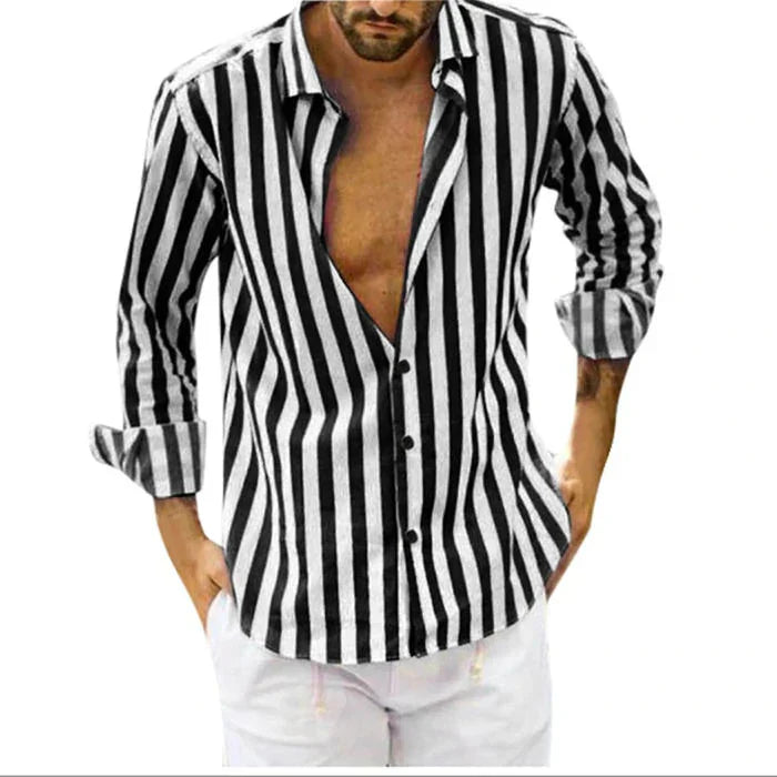(50%OFF) The Best Gift For Husbands And Fathers-Men's Cotton Linen Striped Button Down Long Sleeve
