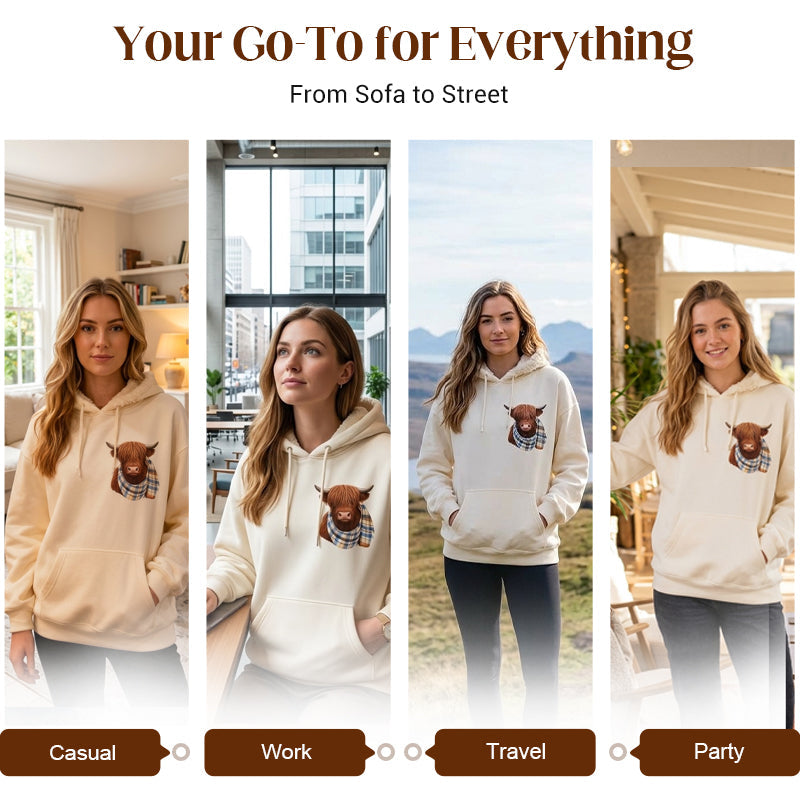 🐮 50% OFF!!🎁Cute Highland Cow Print Fleece Lined Hooded Sweatshirt 🧥 Warm Cozy Winter Hoodie