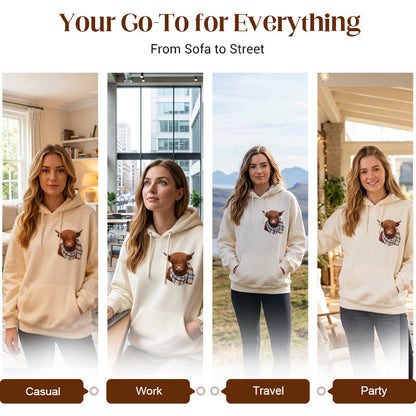 🐮 50% OFF!!🎁Cute Highland Cow Print Fleece Lined Hooded Sweatshirt 🧥 Warm Cozy Winter Hoodie