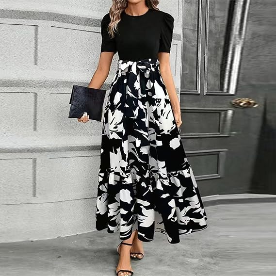 🌸Spring Specials 49% OFF🌸Women's Summer  High Waist  Dress Short Sleeve Crew Neck Floral