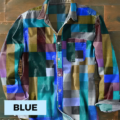 Unisex Simple Rainbow Color Plaid Vintage Printed Lapel Long Sleeve Pocket Shirt