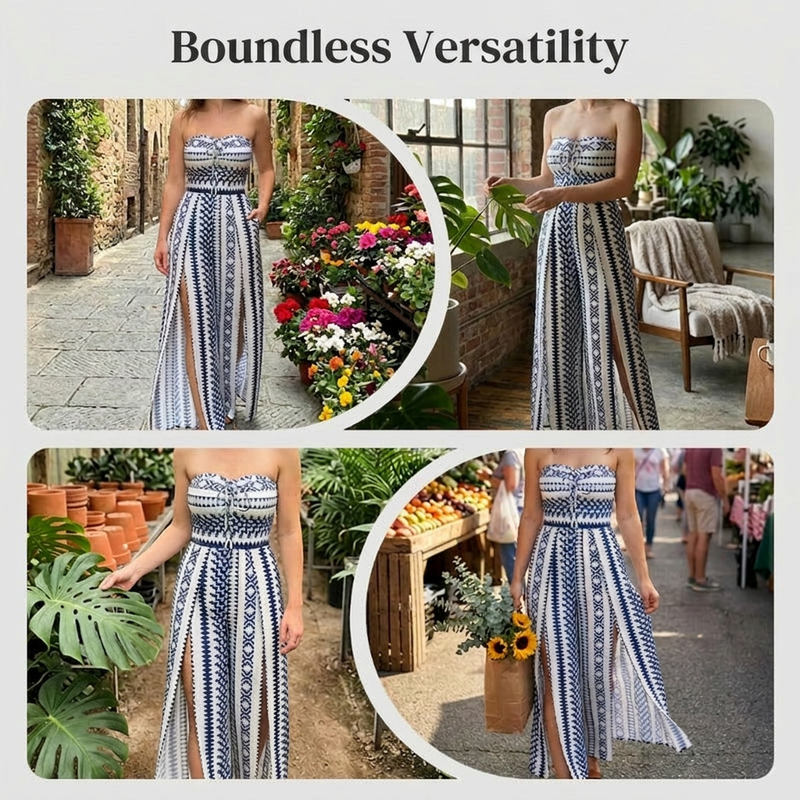 👗 Geometric Jumpsuit with Halter Neckline & Side Slit – Unique print & elastic back
