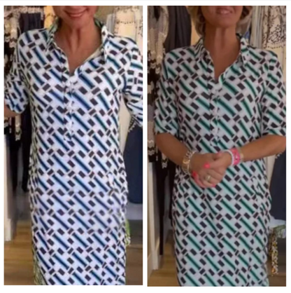 Shirt Collar Geometric Pattern Short-Sleeve Dress