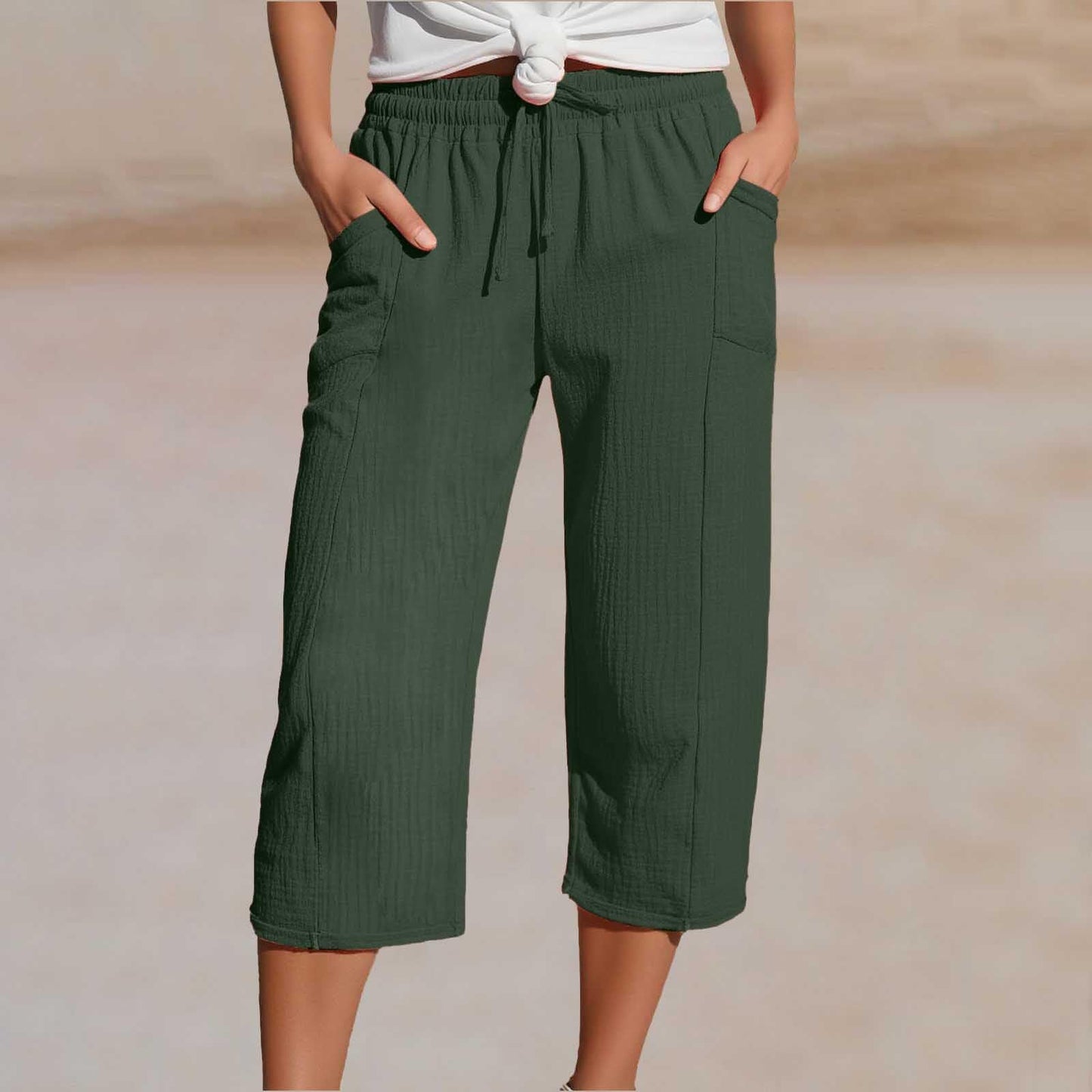 Women's Solid-Color Pleated Cotton-Linen Cropped Pants