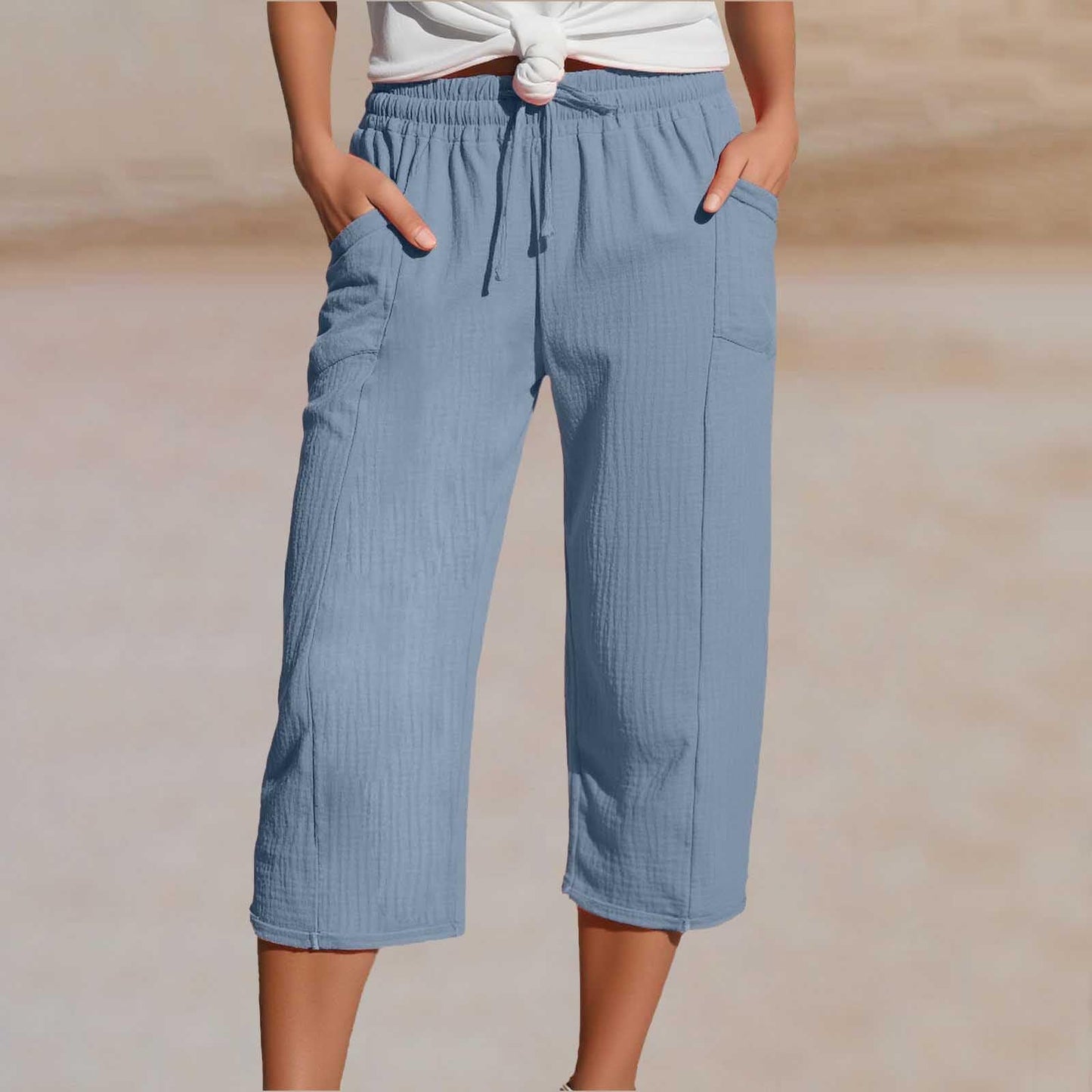 Women's Solid-Color Pleated Cotton-Linen Cropped Pants