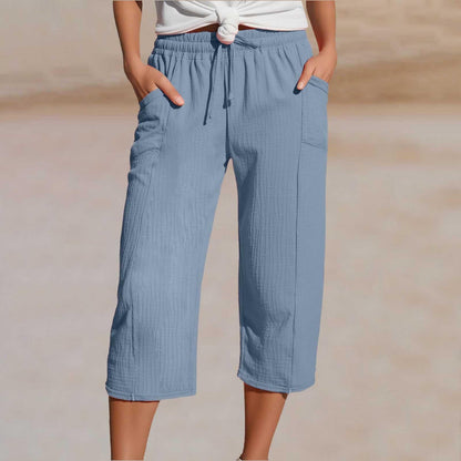 Women's Solid-Color Pleated Cotton-Linen Cropped Pants