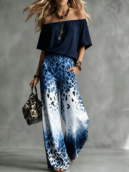 Scoop-Neck Off-the-Shoulder Top + Leopard-Print Ombré Wide-Leg Pants Set