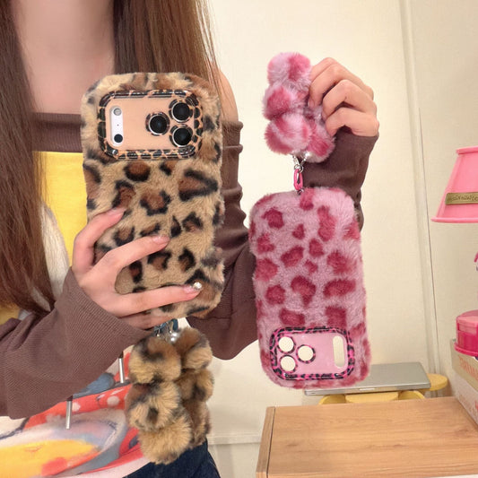 Leopard-print plush phone case (with stand + matching plush wrist strap)