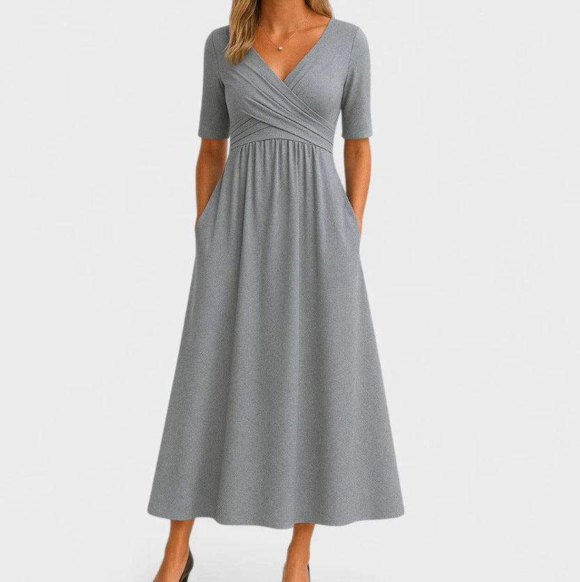 Women's Half Sleeve V-Neck Ruched Midi Dress