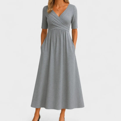 Women's Half Sleeve V-Neck Ruched Midi Dress