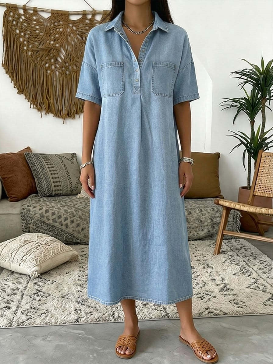 👗 60% OFF NOW! 👖 Casual Pocket Denim Midi Shirt Dress – Soft denim & relaxed fit – Functional pockets, perfect for everyday casual – comfortable and versatile ✨🌸