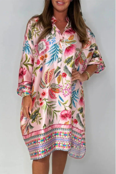 Loose V-Neck Half-Button Front Floral Dress