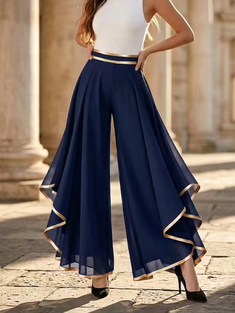 ⏳Limited-time 50% off⏰Elegant Flowy Wide-Leg Pants with Gold Trim👖